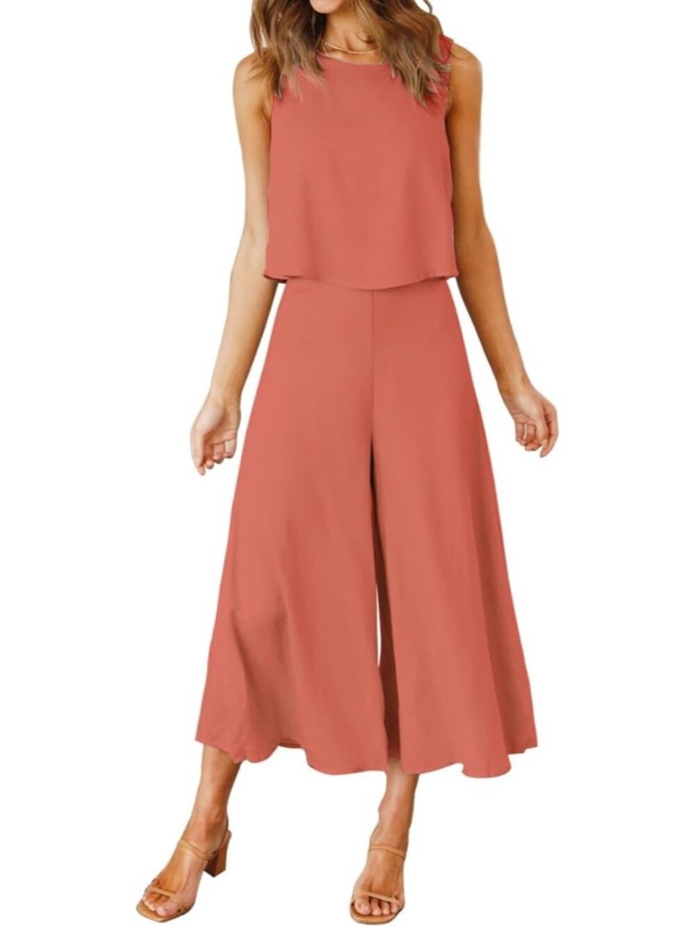 Women's Summer 2 Piece Orange Round Neck Crop Top Cropped Wide Leg Jumpsuit